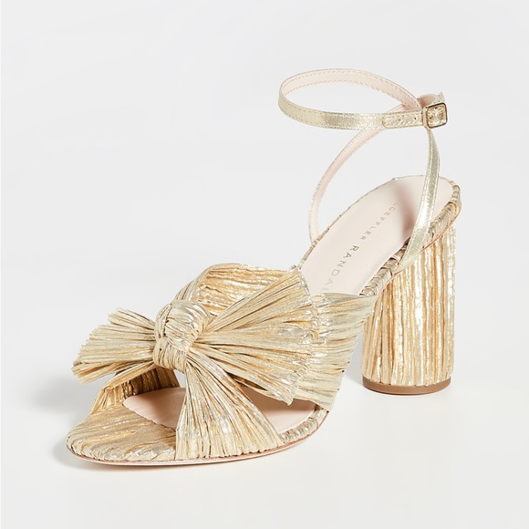 Loeffler Randall Camellia Gold Pleated Bow Heel with Ankle Strap size 8.5